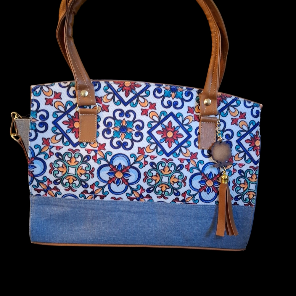Stylish Blue and Brown Patterned Tote Bag